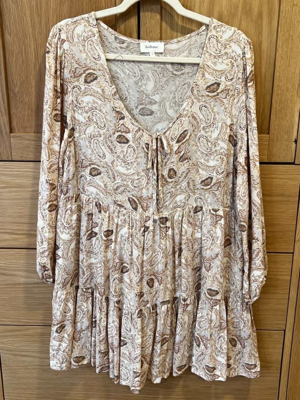 Bohme Paisley Long Sleeve Mini Dress Cream Brown Print Size Small Spring Boho